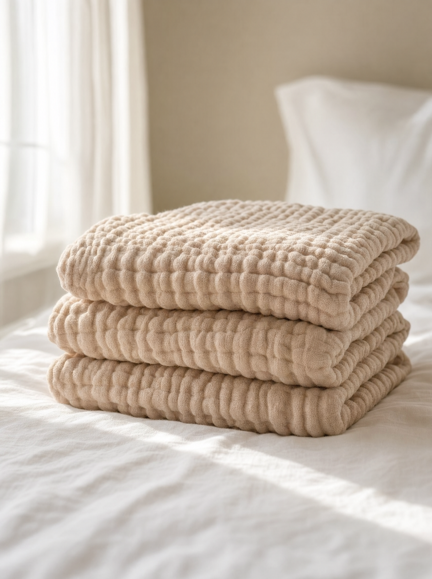 The Muslin Blanket folded on a bed